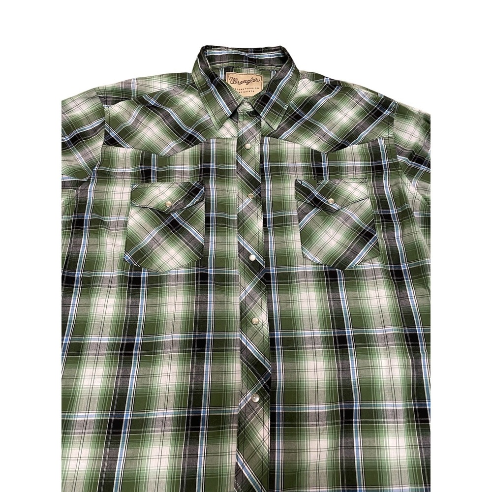 Wrangler Wrancher Western Pearl snap Bush Popper Mens XL Green Plaid Long Sleeve